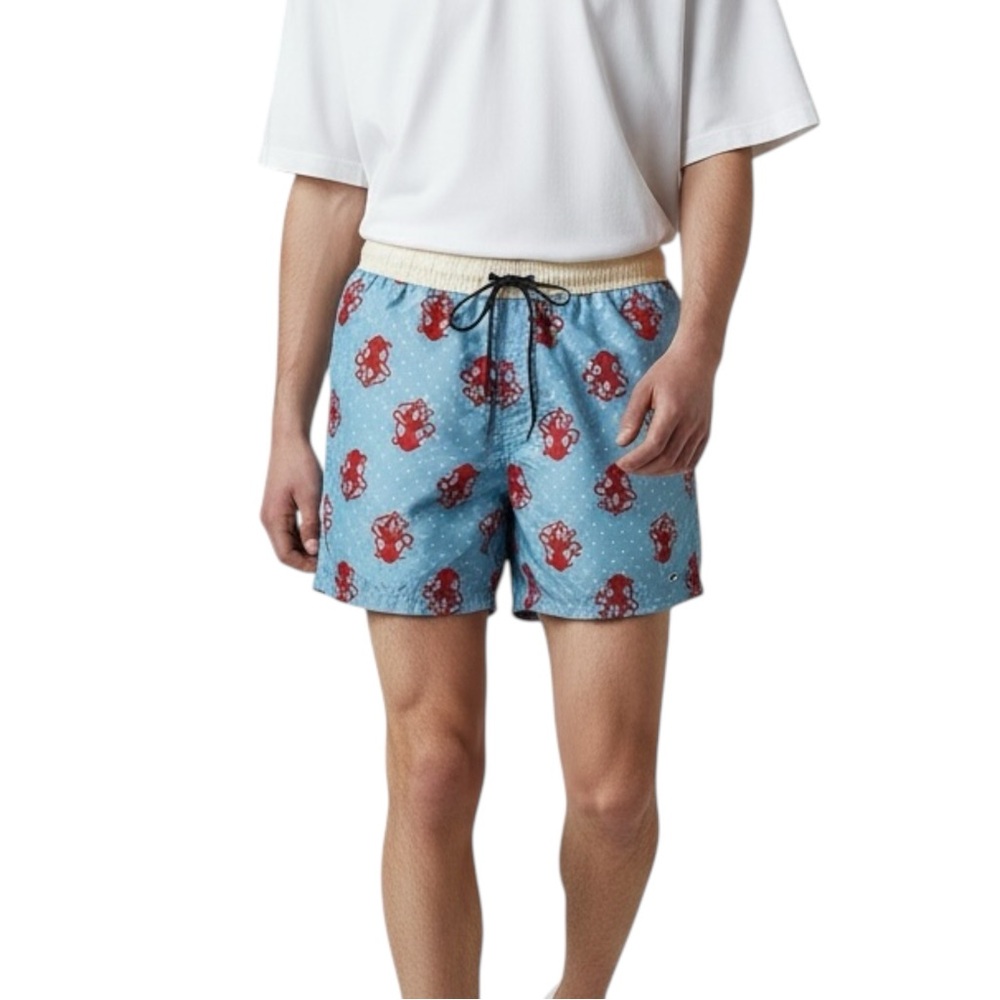 TOMMY HILFIGER Light Blue Swim Trunks with Red Octopus Print Size Medium